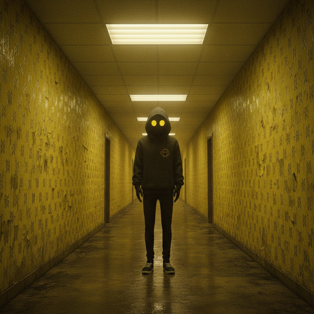 Hooded mascot at the end of an infinite yellow hallway